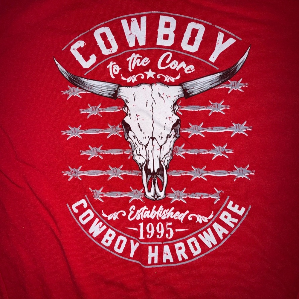 Cowboy Hardware Graphic Tee Youth XL Red Long Sleeve Steer Skull Barbed Wire
